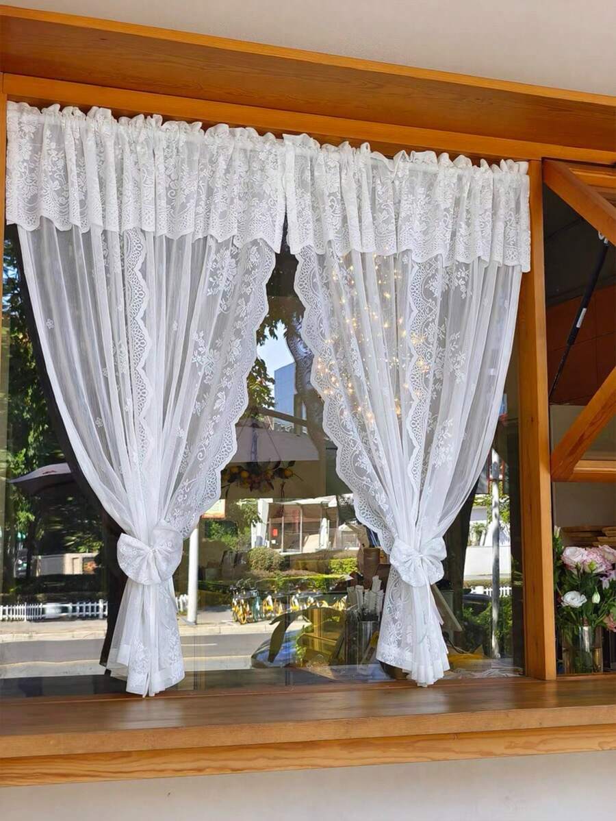 1 件白色蕾丝边无钻窗帘头巾窗帘，适用于厨房、卧室窗台，公主风格 - 白色 - 查看 1