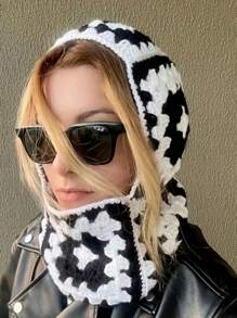 1pc Stylish Two-Tone Hand-Knit Balaclava Hat (Color Random) - Black - View 12