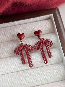 1 对心形和蝴蝶结 Ankoura 红色耳环，独特设计勃艮第色耳环耳钉，适合日常佩戴和圣诞节 - 紅色 - 查看 1