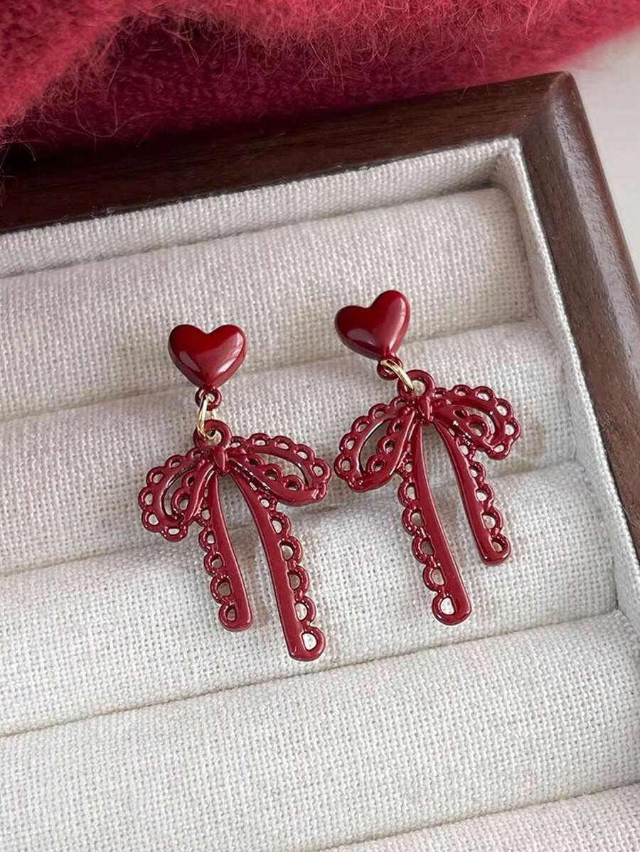 1 对心形和蝴蝶结 Ankoura 红色耳环，独特设计勃艮第色耳环耳钉，适合日常佩戴和圣诞节 - 紅色 - 查看 1