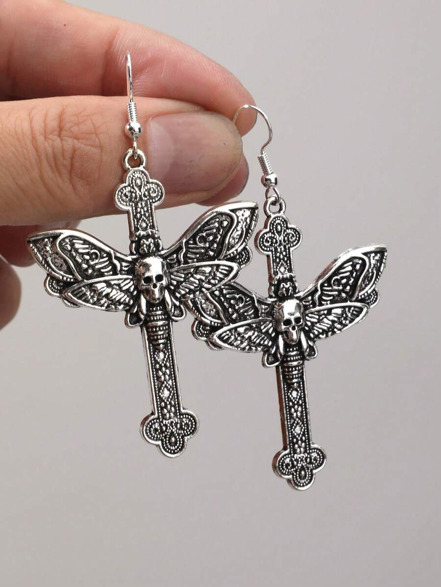 朋克暗黑哥特原创骷髅飞蛾吊坠耳环，欧美新款哥特式骷髅耳环 - 銀色 - 查看 1