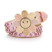 女士 Y2K 水钻装饰腰带，花朵扣合金可调节朋克腰带，带大水钻装饰，情人节、情人节、秋季、万圣节