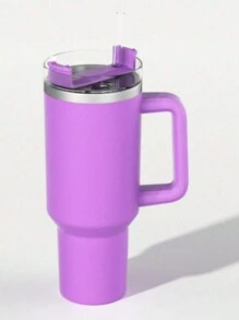1 件装冷饮杯保温杯带手柄和吸管，不锈钢平底杯带手柄，防漏设计，防尘硅胶盖 - 可重复使用的水瓶带吸管和盖子，户外旅行杯，露营保温水瓶