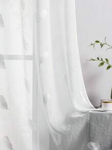 1pc White Feather Curtain With Top Ring Design, Semi-Transparent Sheer Curtain With Feather Embroidery Punch-Hole, Suitable For Bedroom, Living Room/Balcony, Countryside, Ranch Gifts Birthday Graduation