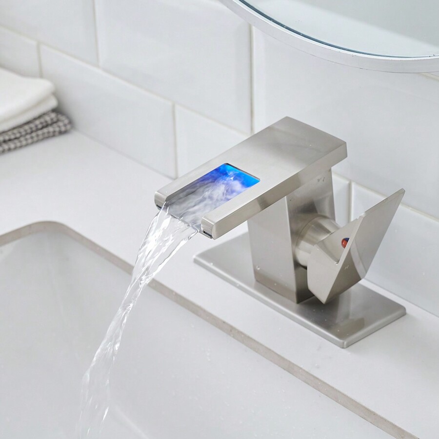 Bathroom Sink Faucet LED Light 3 Colors Changing Waterfall Glass Spout