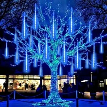 8-Tube LED Solar Powered Meteor Shower Outdoor Tree Decoration Lights, Solar Powered Falling Rain Icicle Lights, Suitable For Thanksgiving, Christmas Tree, Halloween, Holiday Street Tree Decor