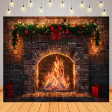 多功能红砖设计圣诞壁炉摄影背景 - 聚酯横幅装饰，适用于圣诞派对和工作室照片背景 - 1個 - 查看 2