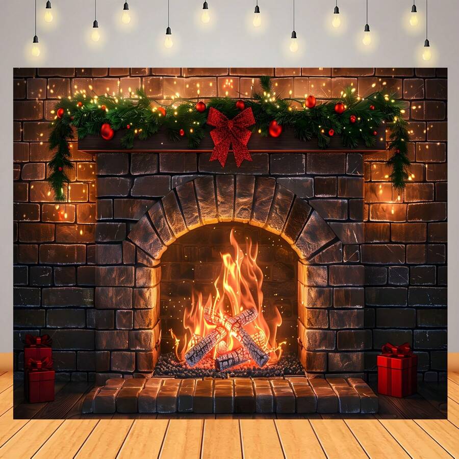 多功能红砖设计圣诞壁炉摄影背景 - 聚酯横幅装饰，适用于圣诞派对和工作室照片背景