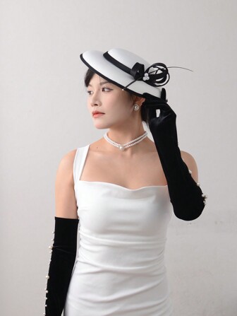 女士优雅宽边迷人帽子大蝴蝶结正式场合肯塔基帽女士婚礼新娘鸡尾酒茶会礼服平顶软呢帽