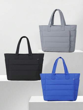 1pc Nylon Fabric Plain Color Multi-Pocket Shoulder Tote Bag, Crossbody Bag, Fashion Travel Bag, Unisex For Women And Men, Work Handbag, Laptop Bag With Zipper, Quilted Puffy Bag, With Compartment, Travel Essentials Quilted Nurse Bag, Carry Bag, Suitable For Teacher Travel Gift