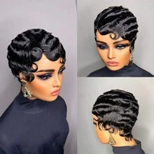 1 Pc Finger Wave Pixie Cut Wigs Human Hair Black Color 150% Density Ocean Wave Short Pixie Cut Human Hair Wigs For Women Brazilian Remy Machine Made Wig Non Lace Glueless - Black - View 5