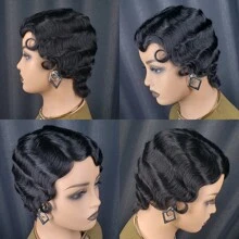 1 Pc Finger Wave Pixie Cut Wigs Human Hair Black Color 150% Density Ocean Wave Short Pixie Cut Human Hair Wigs For Women Brazilian Remy Machine Made Wig Non Lace Glueless - Black - View 7