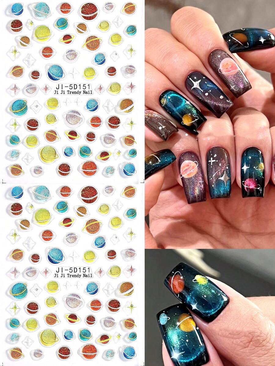 2 miếng dán móng tay hình hành tinh vũ trụ hoạt hình 5D, miếng dán móng tay hình ba chiều, trang trí móng tay, miếng dán móng tay hình hành tinh vũ trụ, trang trí nghệ thuật móng tay hình thiên hà hình học ngoài hành tinh, hình dán ngôi sao, phụ kiện làm móng - Nhiều màu - Xem 1