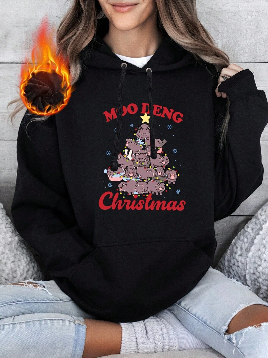 Oversized Style For Women, Moo Deng Christmas Tree Hoodie, Trending Funny Meme Hoodie, Christmas Gift Idea Long Sleeve Sweatshirt, Gift For Xmas Friend Hoodie, A Double-Layer Hood Hoodie, Fleece Lining For Excellent Warmth - màu đen - Xem 1