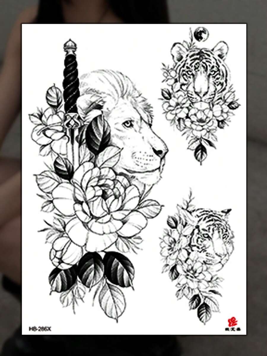 1pc Black Temporary Tattoo Stickers, Lion, Tiger Graphic, Rose, Floral