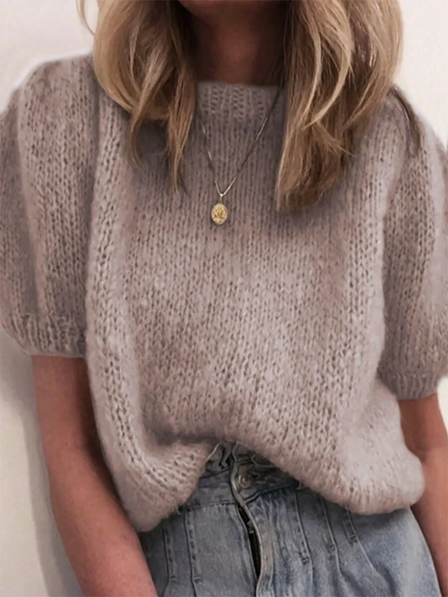 Women's Minimalist Short Sleeve Solid Crew Neck Puff Sleeve Knit Top - Camel - View 1