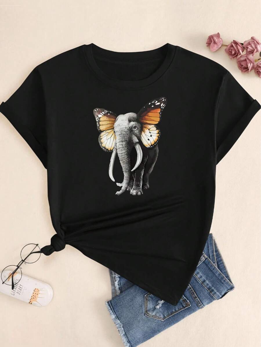 Elephant Butterfly Printed T-Shirt Babylook Blouse Women's Fashion Comfort Casual Printed - Vì vậy - Xem 1
