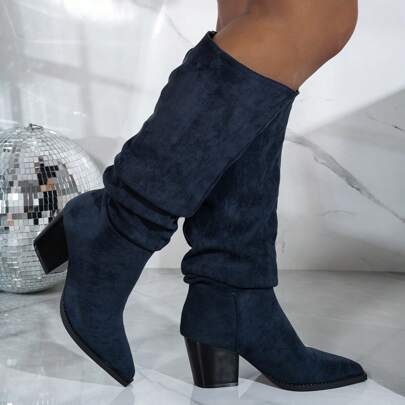 Fall/Winter 2025 Women's Fashionable Black Chunky Heel Pointed Toe Faux Suede Leopard Print Wrinkle Slip-On Casual Western Riding Boots