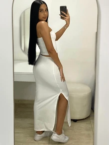 Foreign Set With Long Skirt And Strapless Crop Top - White - View 2