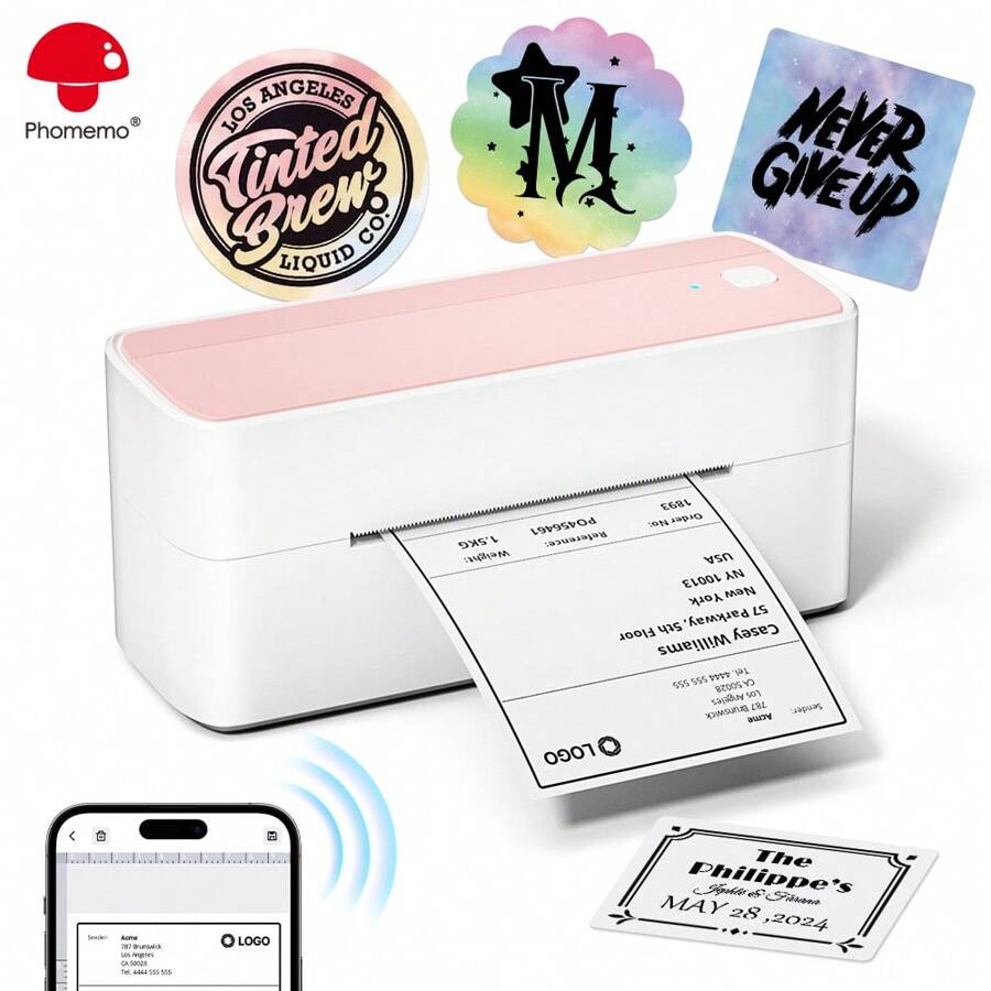 Impresora térmica Phomemo PM-241-BT de 1 pieza, impresora de etiquetas inalámbrica para envíos, impresora de etiquetas inalámbrica de 4x6" para pequeñas empresas, impresora de etiquetas rosa para envío de paquetes, compatible con iPhone, Android, impresora térmica para e-commerce, impresora de etiquetas para envío con enchufe US, un regalo para todos. - Rosa - Ver 1