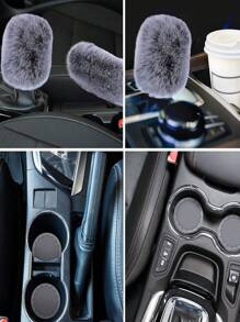 Conjunto Completo De 17 Piezas De Funda Para Asiento De Automóvil Para Mujeres, Fundas Universales Para Asientos Delanteros Y Traseros De Automóvil, Fundas Para El Volante Esponjosas, Funda De Cambio De Freno De Mano De Franela, Colgador De Accesorios Y Etiqueta De Anillo De Emblema - Rosa - Ver 6