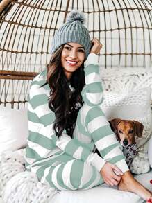 2pcs Knitted Christmas Stripe Long Sleeve Pajama Set - Blue and White - View 4