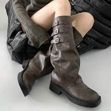 Fashion Retro Slimming Thick Bottom Increased Chunky Heel Long Boots Women 2025 New Autumn Black Western Pants Boots - 棕色 - 查看 2