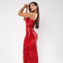 BRIGHT STRAP-OFF LINED DRESS WITH SIDE SLIT - 紅色 - 查看 3