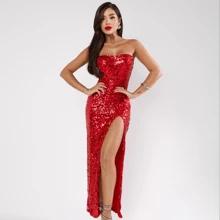 BRIGHT STRAP-OFF LINED DRESS WITH SIDE SLIT - 紅色 - 查看 1