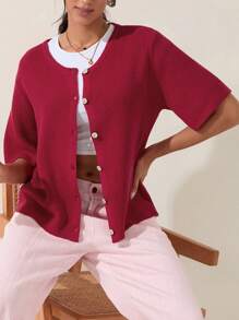 Women's Knit Cardigan Half Sleeve Round Neck Solid Color Button Up Knitwear - 紅色 - 查看 3