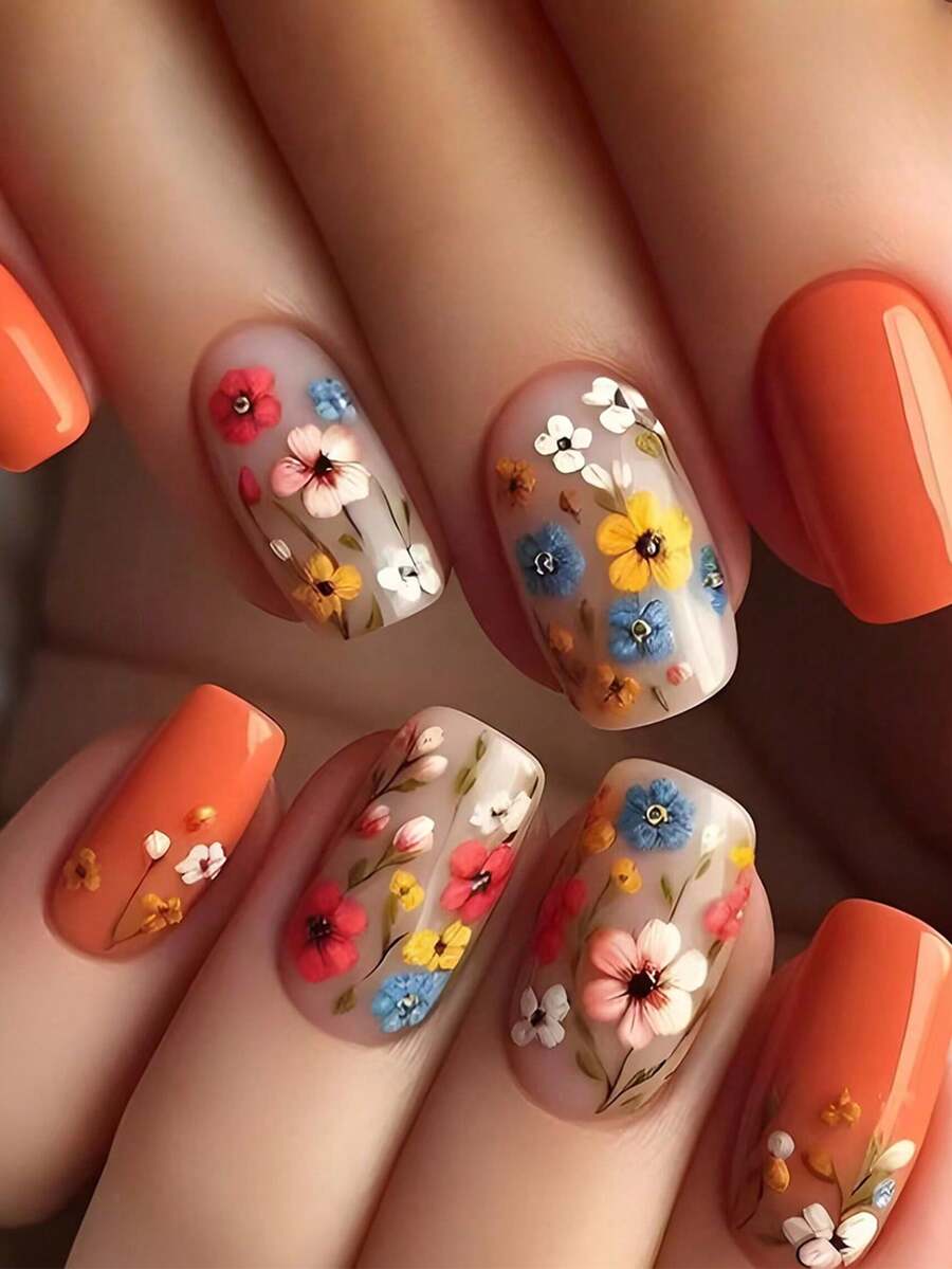 24pcs Colorful Flower Adhesive Nail Art Stickers, Retro Style Full Cover Nail Tips, Fashionable & Minimalist Design, Autumn Season - Multicolor - View 1