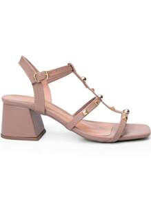 Women's Sandals With Low Block Heel, Comfortable, Square Toe, Shiny, Studs, Lumiss - 摩卡棕 - 查看 3