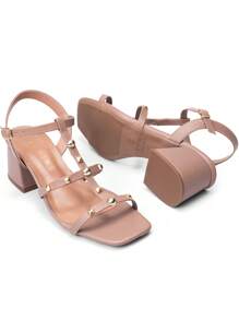 Women's Sandals With Low Block Heel, Comfortable, Square Toe, Shiny, Studs, Lumiss - 摩卡棕 - 查看 4