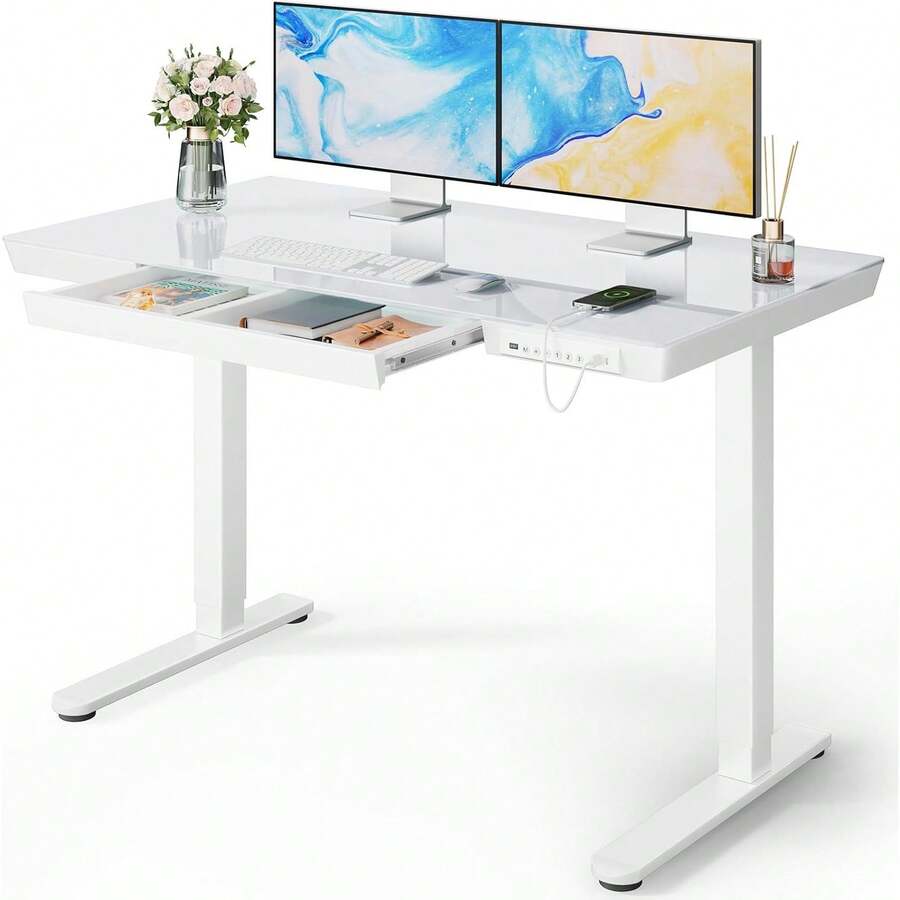 Glass Standing Desk With Drawer, 48 X 24 Inch Electric Standing Desk
