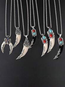 1pc Jewelry Dragon Head Wolf Tooth Pendant, Punk Retro Personalized Tough Urban Hip Hop Stainless Steel Necklace, Party/Birthday Gift - Silver - View 1