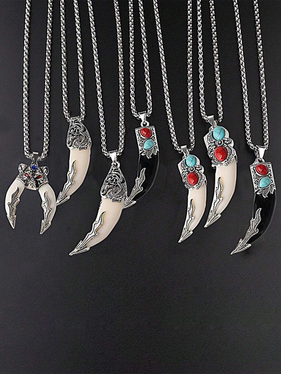 1pc Jewelry Dragon Head Wolf Tooth Pendant, Punk Retro Personalized Tough Urban Hip Hop Stainless Steel Necklace, Party/Birthday Gift - Silver - View 1