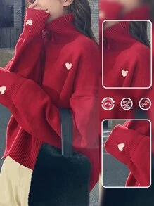 Áo len cổ lọ dệt kim thường ngày mới thu/đông 2025 cho nữ, họa tiết trái tim màu đỏ, phong cách ngọt ngào, mặc hàng ngày - Đỏ - Xem 6