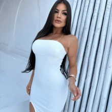 Short Strapless Dress With Leg Slit And Tie At The Back - Christmas 2025 - 白色 - 查看 3
