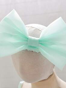 Baby Elegant Dress With Solid Color 3D Floral Satin & Mesh Fabric, Outfit Suitable For Outing, Outdoor, Birthday Party, Comes With Headband - Mint Green - View 5