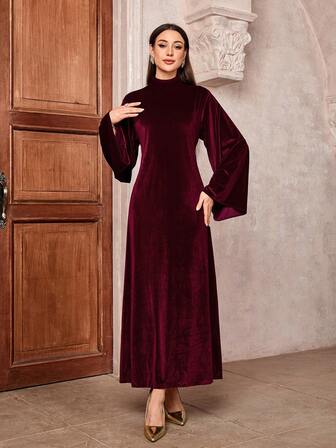 Women's Elegant Velvet Stand Collar Belted Flare Sleeve Red Christmas Party Dress