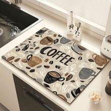 1pc Home Decor, Coffee Machine Water Absorption Mat, Counter Tableware Drying Pad, Diatomite Kitchen Dining Mat, Coffee Print Dish Drying Mat, Washable Anti-Slip Drainage Mat, Suitable For Kitchen Coffee Bar