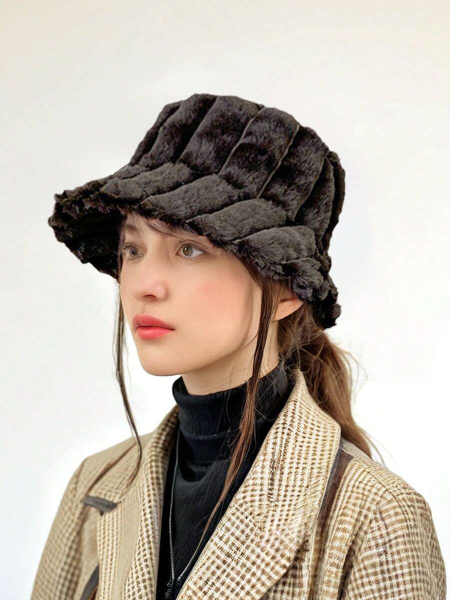 1pc 新款女士秋冬高级网红厚绒保暖护耳渔夫帽，秋冬舒适温暖，适合日常佩戴 - 彩色 - 查看 1