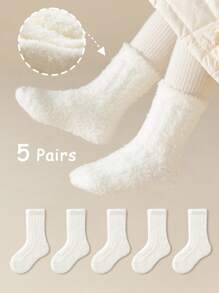 5 đôi tất trẻ em, tất lông cừu san hô dày ấm áp màu trơn, tất dài đến bắp chân mềm mại thoải mái thời trang, thích hợp làm trang phục thường ngày mùa thu/đông hoặc làm quà tặng ngày lễ - trắng - Xem 1