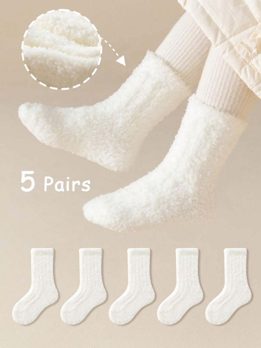 5 đôi tất trẻ em, tất lông cừu san hô dày ấm áp màu trơn, tất dài đến bắp chân mềm mại thoải mái thời trang, thích hợp làm trang phục thường ngày mùa thu/đông hoặc làm quà tặng ngày lễ - trắng - Xem 1