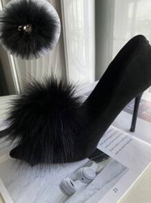 1pair New Bridal Shoes With Detachable Fluffy Pom Pom & Buckle, Daily Versatile Flattering Fashion Shoes Clip Accessory