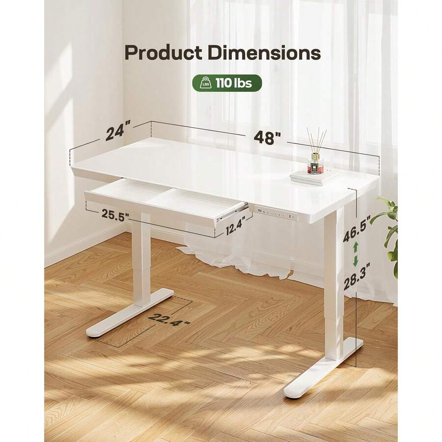 Glass Standing Desk With Drawer, 48 X 24 Inch Electric Standing Desk