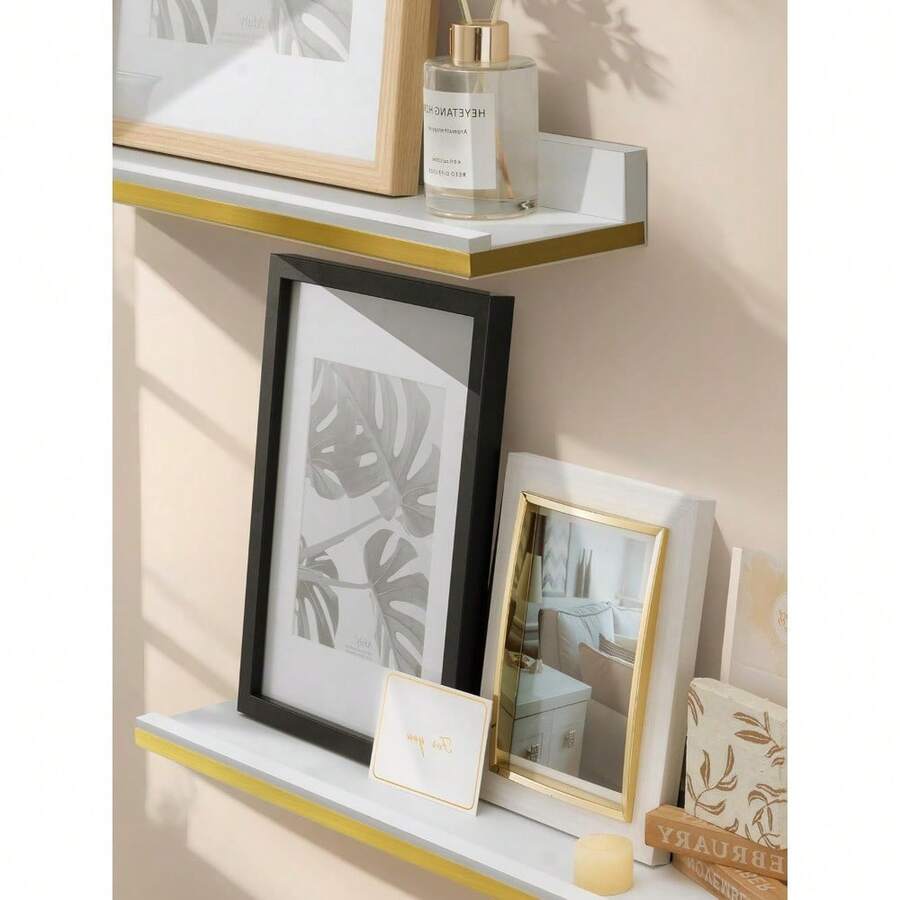 Floating Shelves For Wall 60cm, White And Gold Wall Mounted Shelf With