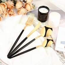 32 Pieces/Gold Silverware Set For 8, Mirror Polished Gold With Black Handle Flatware Set, 32 Pieces Stainless Steel Cutlery Tableware Set, Kitchen Utensils Set Include Spoons And Forks Set, Dishwasher Safe - Vàng - Xem 2