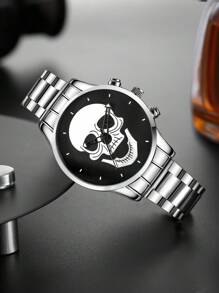 Men's Watch 4 Pieces Set Personalized Skull Circular Disc Quartz Watch And Pendant Necklace, Ring, Bracelet Set, SSuitable For Daily Wear, Back-To-School Season, Graduation Season, Thanksgiving, Couples, The Best Gifts Watch Box Not Included