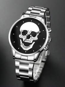 Men's Watch 4 Pieces Set Personalized Skull Circular Disc Quartz Watch And Pendant Necklace, Ring, Bracelet Set, SSuitable For Daily Wear, Back-To-School Season, Graduation Season, Thanksgiving, Couples, The Best Gifts Watch Box Not Included